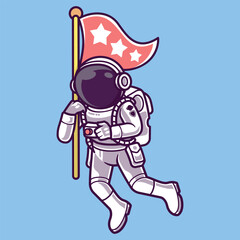 Astronaut Bring Flag Vector Illustration. Isolated Cartoon Education Object Icon.