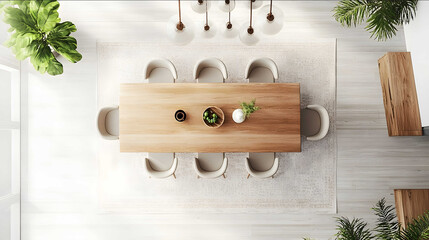 aerial view of a dining room focus on table chairs and rug decorated in a Minimalist style focuses on simplicity clean lines and a clutterfree environment It featur