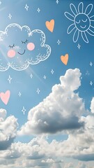 Cheerful cartoon sun, cloud, and hearts adorn a bright blue sky filled with fluffy white clouds.
