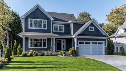 Modern gray house, suburban street, green lawn, sunny day, real estate
