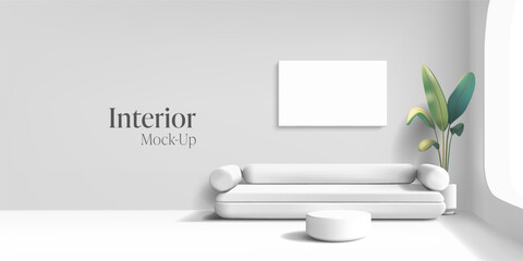 White interior mockup, 3D. Modern room design with sofa, blank picture on the wall, plant, and coffee table. For interior concepts. Vector illustration.