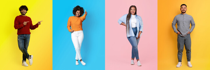 A vibrant collage featuring diverse, multiracial individuals posing in colorful backgrounds. Each...