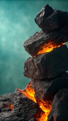 Stacked dark rocks with glowing orange lava-like substance in between, showing heat.
