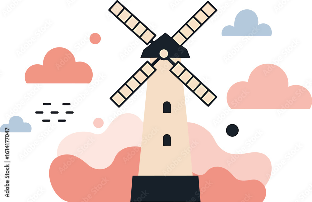 Poster flat vector stylized windmill with abstract clouds