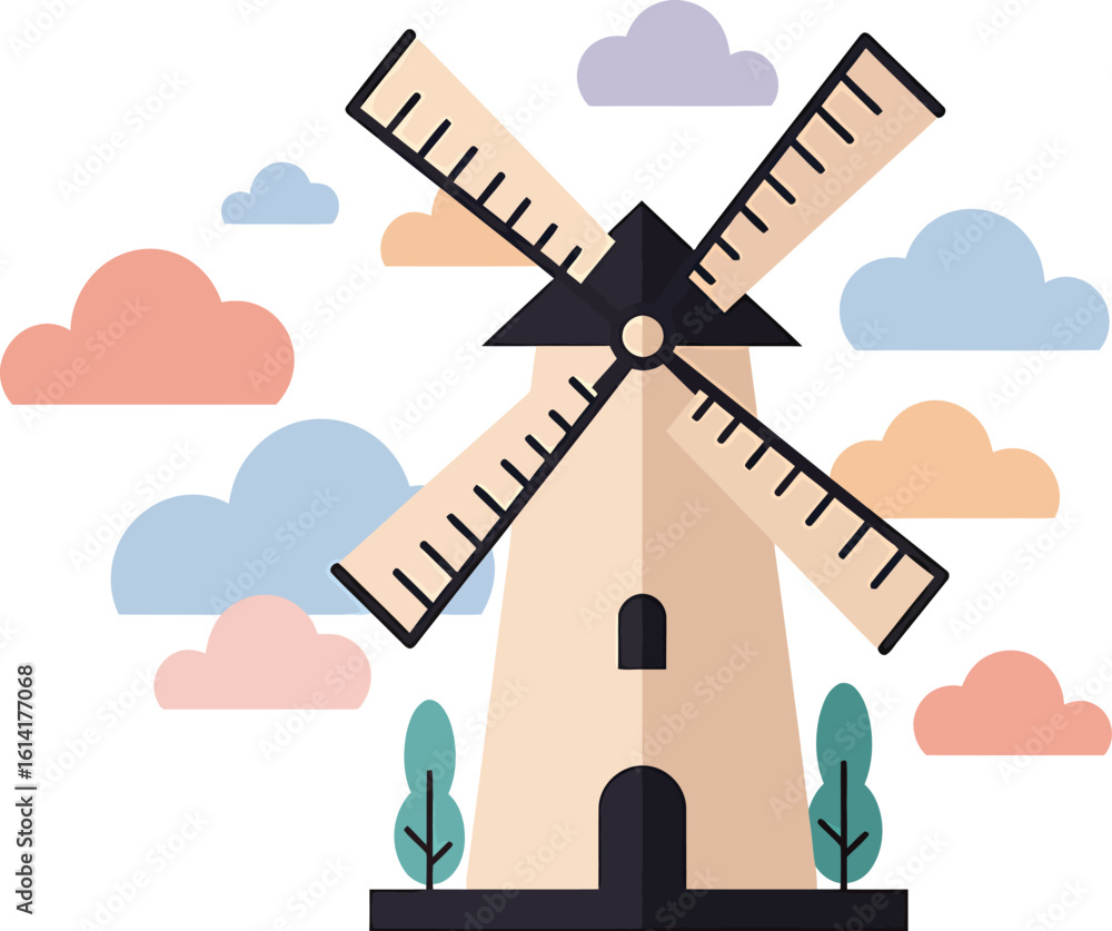 Poster flat vector stylized windmill with abstract clouds
