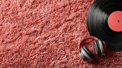 Classic black vinyl record with a red label and modern silver audio headphones resting on a soft textured pink carpet. Vintage phonograph disk and sound reproduction device on a fluffy rug.