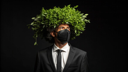 Stylish professional wearing a suit and mask, adorned with vibrant greenery, symbolizing nature, health, and protection in a modern context