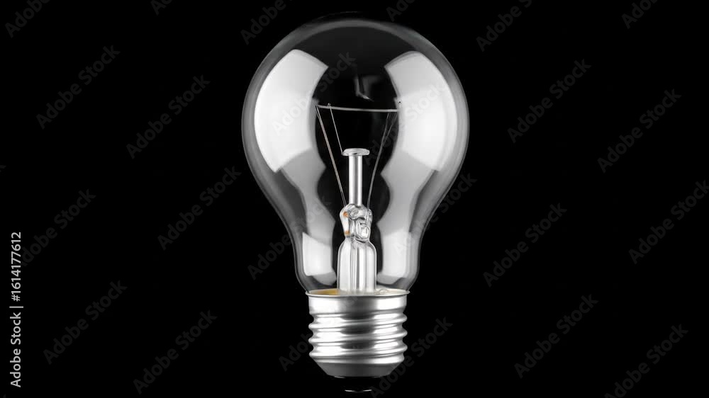Poster glass light bulb with visible filament and silver base on black background for illumination and elec