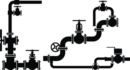 Minimalist Flat Vector Industrial Valves and Pipes Silhouette