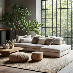 A photorealistic image of a modern living room showcasing the Nuanced Natural trend The space features earthy tones and natural materials layering elements like sto