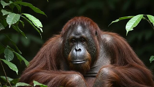 Orangutan portrait closeup reddishbrown fur gentle expression framed by green leaves