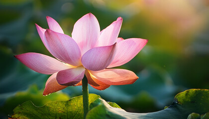 Fototapeta premium delicate pink lotus flower blooming in natural green habitat
