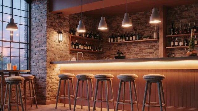 Cozy bar interior with brick walls, warm lighting, and inviting stools at counter