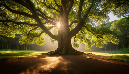 Obraz premium a majestic tree with sunlight filtering through leaves creating a serene atmosphere