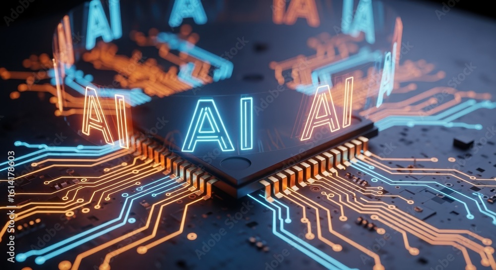 Poster neonlit integrated circuit with ai text rotating effect revealing glowing pathways in cool and warm 