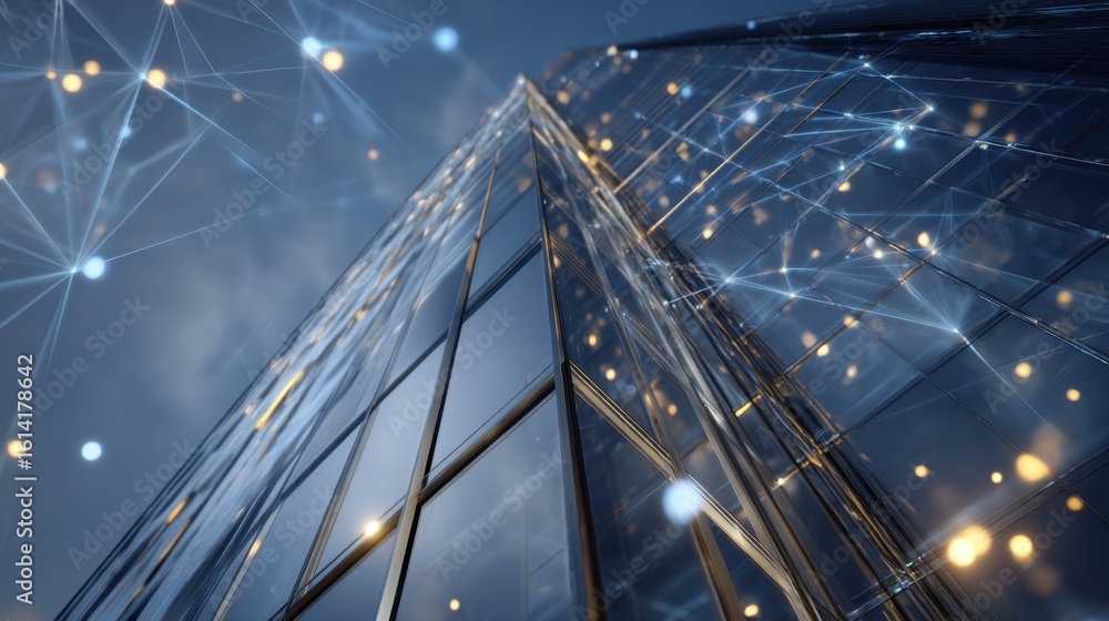 Poster sparkling diamond particles embedded in the glass facade of a futuristic skyscraper interact with a 