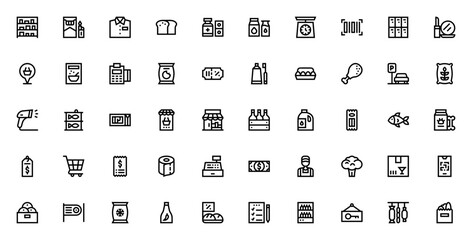 Supermarket icon set. Minimal vector shopping icons pack. Includes stock, milk, cart, barcode, cashier, vegetables, frozen goods, coupons and more. Editable stroke.