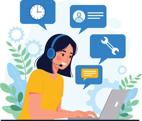 Customer service representative with headset and laptop assisting clients