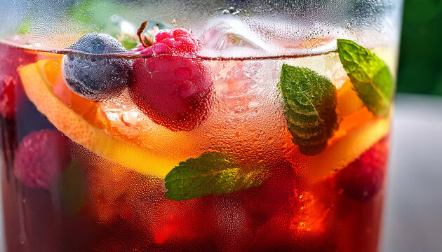 refreshing summer drink with ice and fruity condensation on glass close up