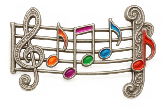 Metal brooch depicting a musical staff with colorful notes, a treble clef and decorative swirls, isolated on transparent background