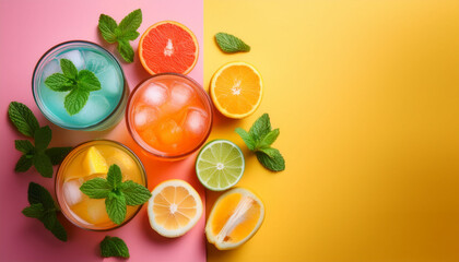 colorful citrus drinks with ice and mint leaves on a vibrant pink and yellow background top view of cocktail decorated with fruit flat lay composition with copy space for beverage and summer aig55