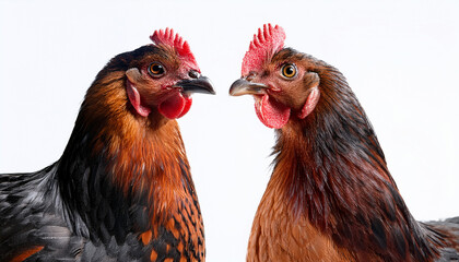 Naklejka premium the brown and black chickens in a close up portrait on a clean background