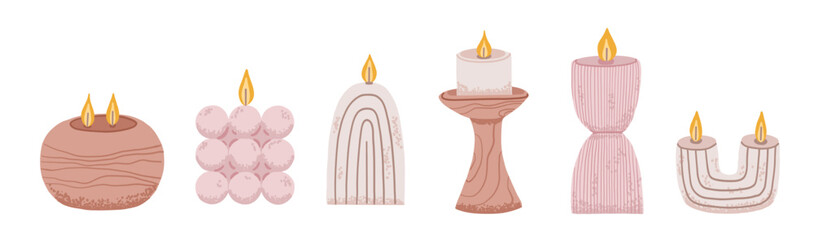 Aromatic scent candle with light in jar. Set of cozy candles for spa and relaxation in aesthetic flat style