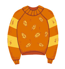 Ugly autumn sweater with leaves pattern for woman or kid. Cozy jumper for fall season in flat style