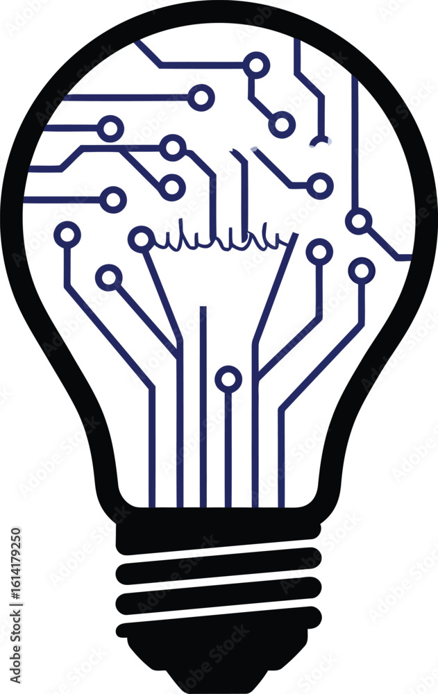 Poster minimalist vector light bulb with circuit lines - idea and technology concept