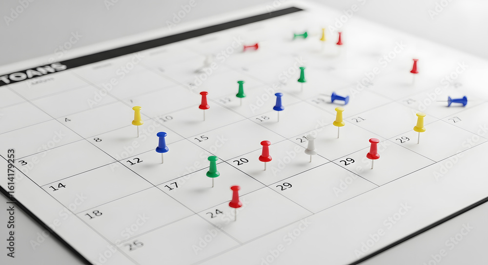 Poster a close-up view of a calendar marked with colorful push pins.