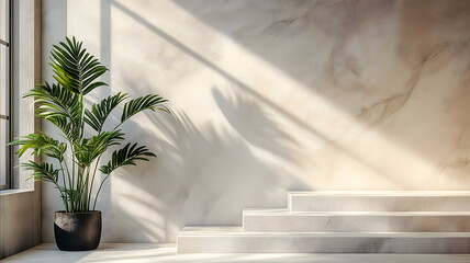 white marble podium display plant in clay pottery stainless steel sunshine