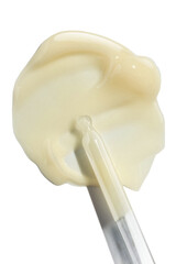 Cosmetic beauty swatch sample. Liquid opaque yellow milky ampoule or serum on white isolated...