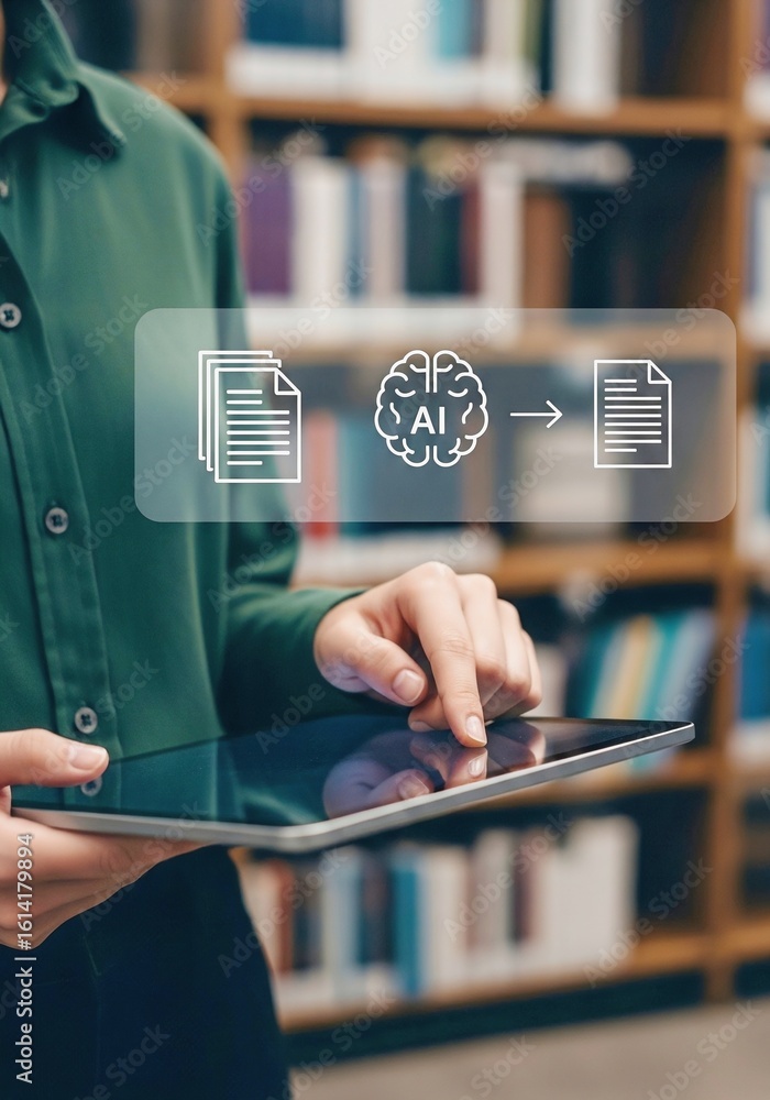 Aufkleber artificial intelligence transforming documents on tablet in modern library