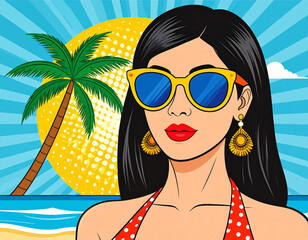 Attractive Woman With Sun Glasses At The Beach, Retro Pop Art Style. 