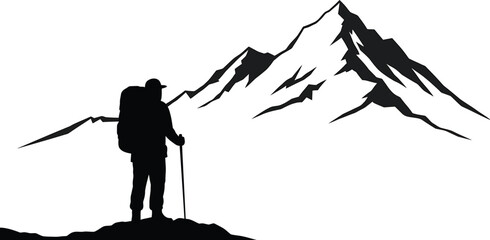 Hiker Silhouette Vector Looking at Distant Mountain Peak - Minimalist Flat Design