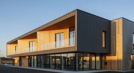 Modern Scandinavian-style building with wood and metal facade, early morning light, no people.
