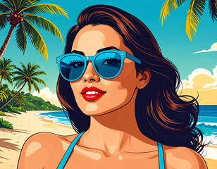 Attractive Woman With Sun Glasses At The Beach, Retro Pop Art Style. 