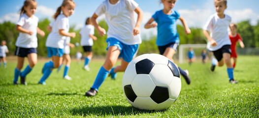 selective focus of a soccer ball on a green field with a team of young girls and boys running in the background