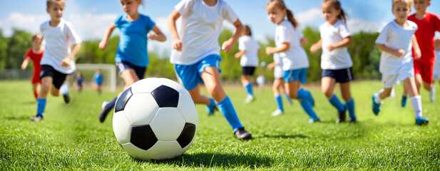 selective focus of a soccer ball on a green field with a team of young girls running in the background