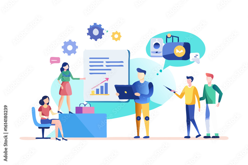 Poster Diverse team collaborates on a business presentation with charts and data analysis