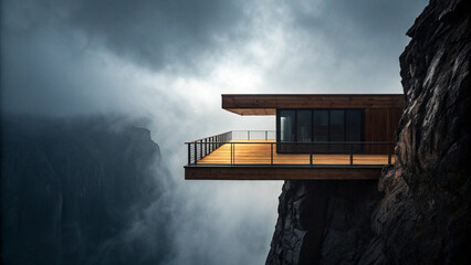 Dramatic modern mountain home perched on cliff edge with stunning views, luxury architecture, concept design, remote living, dramatic landscape, travel