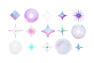 Collection of holographic geometric shapes and disco balls with a retro y2k aesthetic