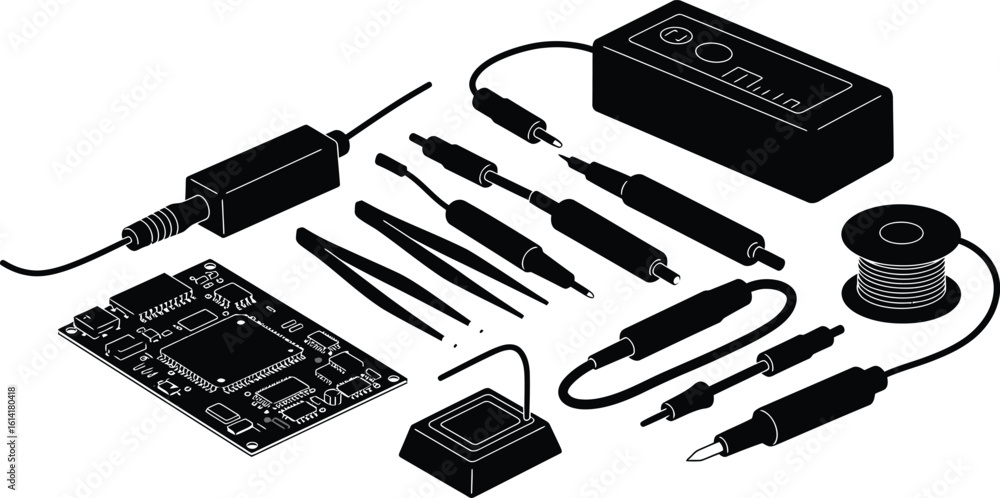 Poster neatly arranged electronics toolkit silhouette vector