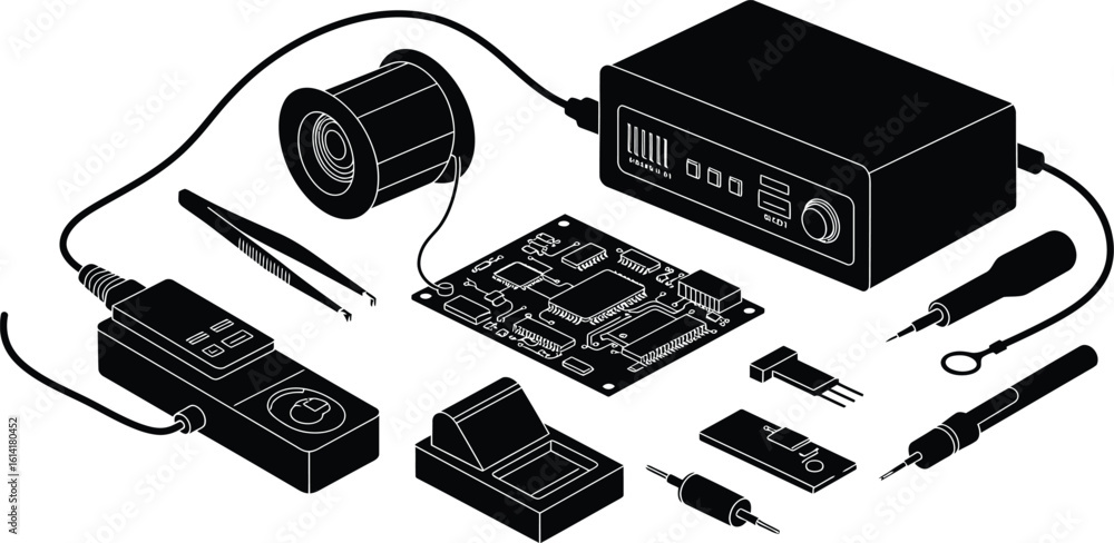 Poster flat silhouette vector: electronics toolkit with pcb and soldering wire
