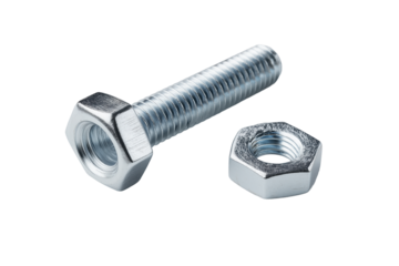 Metal bolt and hex nut isolated for industrial or mechanical use PNG with a transparent background

