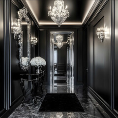 a black luxury tax hallway with a black table with white rose flowers on top of table there is an oversized large silver mirror leaning against the wall there is a