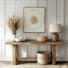 a front entryway neutral colors wooden console table against the wall DSLR wideangle shot