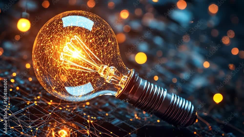 Poster glowing idea bulb: a close-up shot of a lightbulb illuminated with a glowing filament, symbolizing a