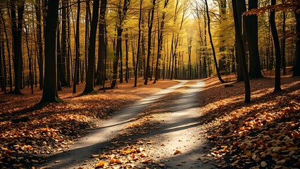 Fototapeta premium A winding dirt path through an autumn forest, lined with golden leaves under soft sunlight.