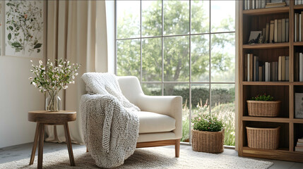 high definition high resolution Design a bright modern cottagecore reading nook with a cozy yet fresh aesthetic The space features a sleek midcentury modern armchai